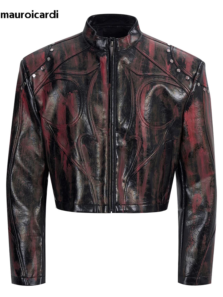 Mauroicardi Spring Autumn Short Pu Leather Motorcycle Jacket Men Rivet Zipper Shoulder Pads Luxury Designer Streetwear Clothing