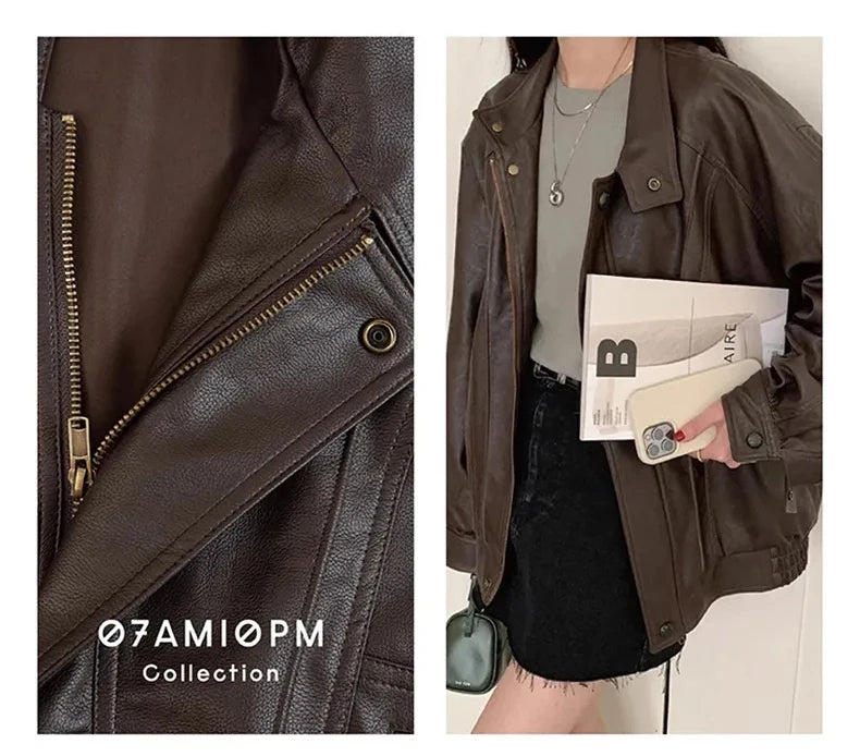 Lautaro Autumn Cool Brown Oversized Leather Jacket Women Drop Shoulder Long Sleeve Zippper High Quality American Retro Clothing