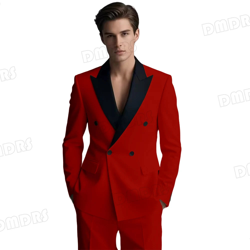 Slim Fitting White Suit Set for Men, Black Collar, 2 Pieces Formal Suits, Wedding Tuxedo, Customized Colors Blazer and Pant Set