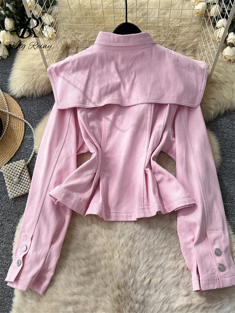 SINGREINY Fashion Senior Denim Jacket New French Classic Lapel Full Sleeves Slim Outwear Women Autumn Chic Elegant Workwear Coat