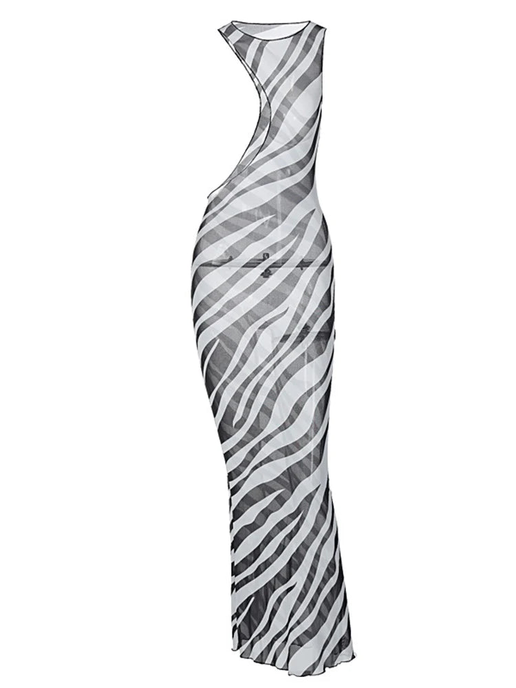 Zebra Print Long Beach Dress Cover-Ups Sexy Transparent Mesh Maxi Dress Striped Cut Out Bodycon Vacation Summer Dress Women 2023