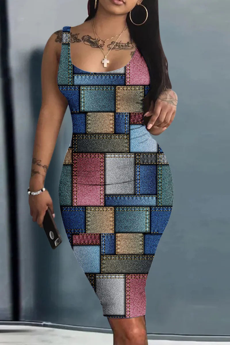 Платье Женское Plus Size Summer Women's Dress Large Size Contrast Heart Print U-Neck Sleeveless Casual Bodycon Mini Dresses