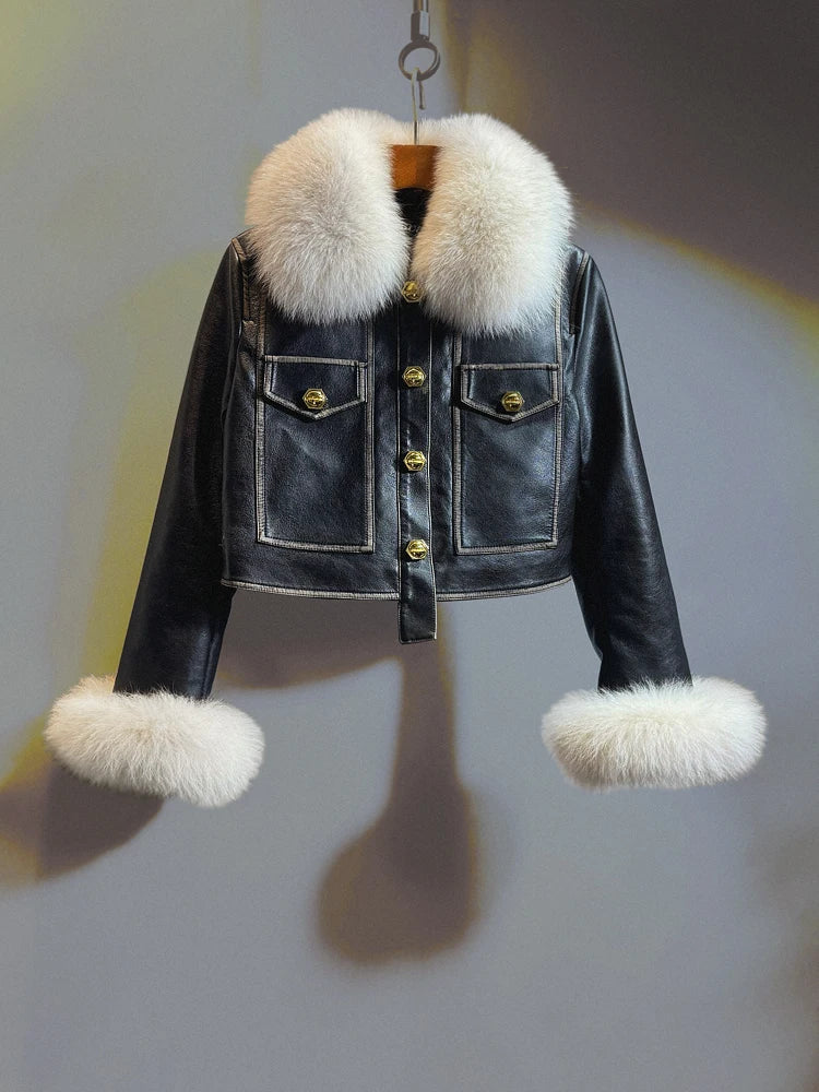 Temperament Black Leather Jacket Women 2026 Winter Real Fox Fur Short High Waist PU Leather Coat Slim-Fitting Coats