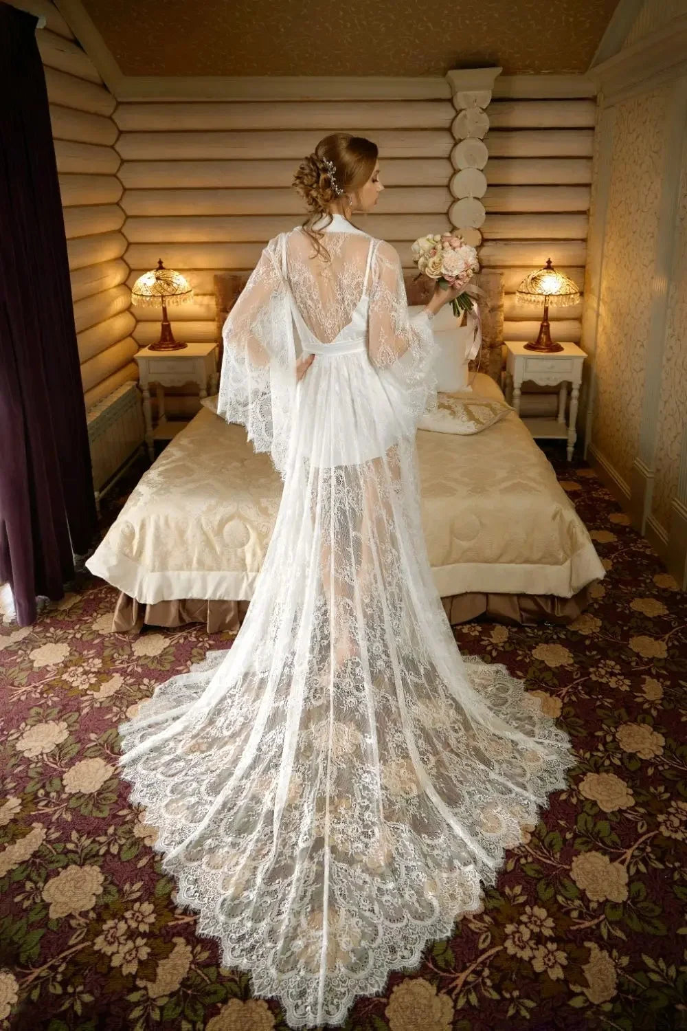 2 Pieces Wedding Robe Dress Customized Beach Full Lace Sexy Bridal Gowns for Photoshoot Night Gown
