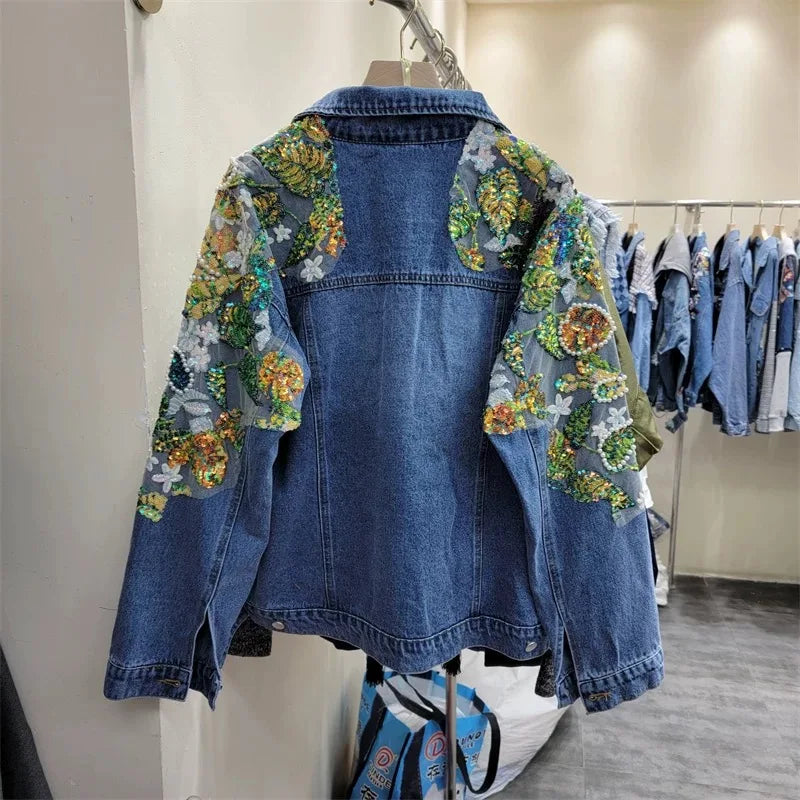 European and American style heavy industry embroidery splicing denim jacket 2025 new print loose casual denim women's jacket top