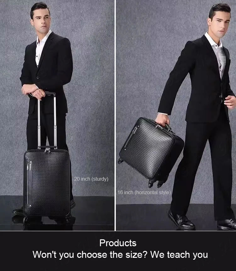 Genuine Leather Trolley Case 20 Inch Men's Business Boarding Suitcase Universal Wheel Luggage Bag 16 Inch Woven Pattern Leather