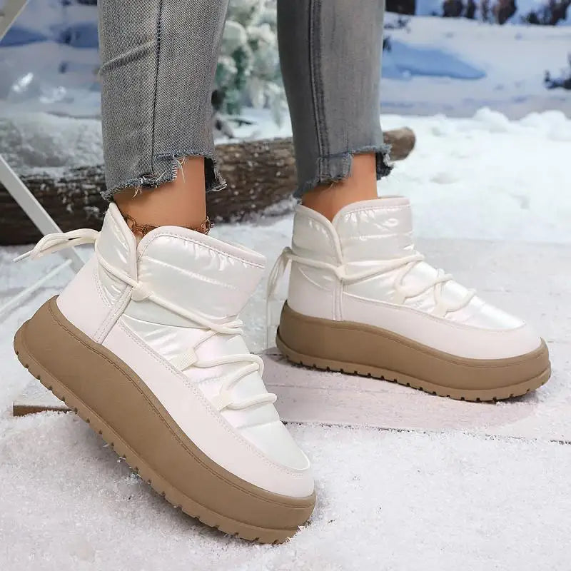 Comfort Platform Waterproof Snow Boots Women 2026 Winter Lace Up Decoration Thick Bottom Moon Boots Women Plush Short Booties