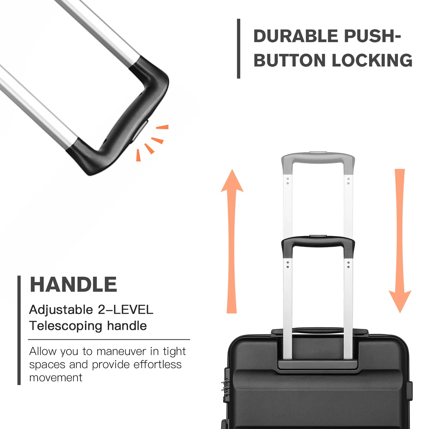 KONO Hardshell Case with 4 spinner wheels and number combination lock, light suitcase, hand luggage, 55/66/75 cm