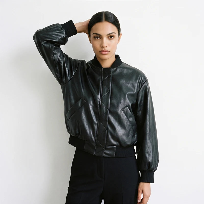  Women's Faux Leather Bomber Jacket Black Stand Collar Cropped Loose Vintage Outerwear 2026 Autumn Lady Street Chic Casual Coat