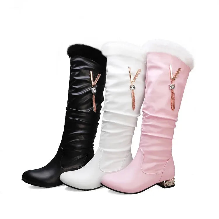 Winter Warm Knee High Boots Women Platform Wedges High Heels Snow Boots Slip on Winter Ladies Shoes White Black Pink 2025