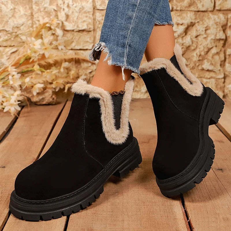 Thick Sole Fur Winter Ankle Boots Women 2026 Slip On Non Slip Plush Short Booties Mujer Plus Size 43 Platform Suede Boots Female