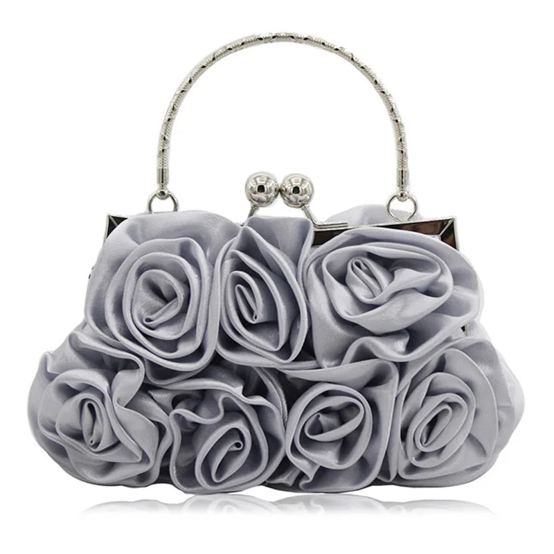 Satin Flower Clutch Bags For Women Banquet Party Evening Bags Metal Handbags Retro Blue Silver Black Chain Shoulder Bag female