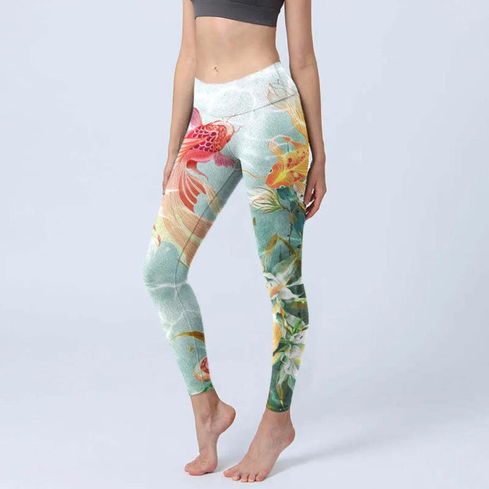 Women High Waisted Yoga Pants Tummy Control Leggings Floral Butterfly Landscape Printed Workout Gym Fitness Running Tight Pants