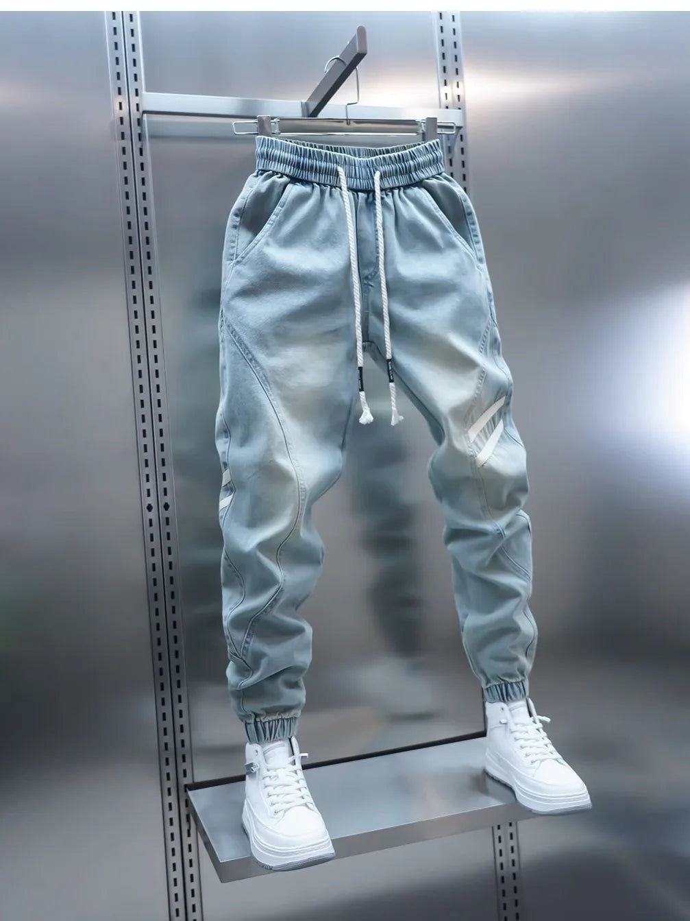 Men's Slim Fit Jeans mid Waist Elastic Waistband Casual Pants Patchwork Design Breathable Comfortable Summer Jeans