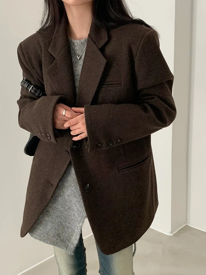 Chic Autumn Winter Thiened Long Sve Pure Color Woolen Suit Jaet Women Casual Versatile Loose Fit Commute Sle Coat
