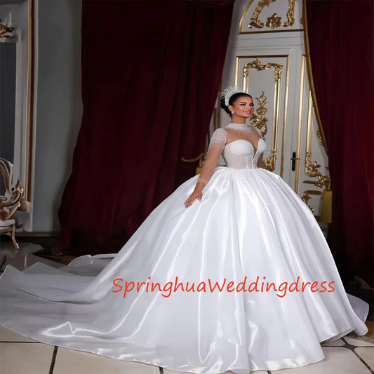 Customized WeddingDresses Long Sleeves High Neck Pearls Bridal Princess Ball Gown Chapel Women vestidos de noviay