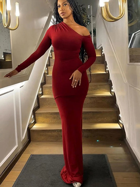Women's Dresses Autumn New Sexy One-Shoulder Red Dress Streetwear Fashion Casual Slim Elegant Female Club Knitted Dress Clothing