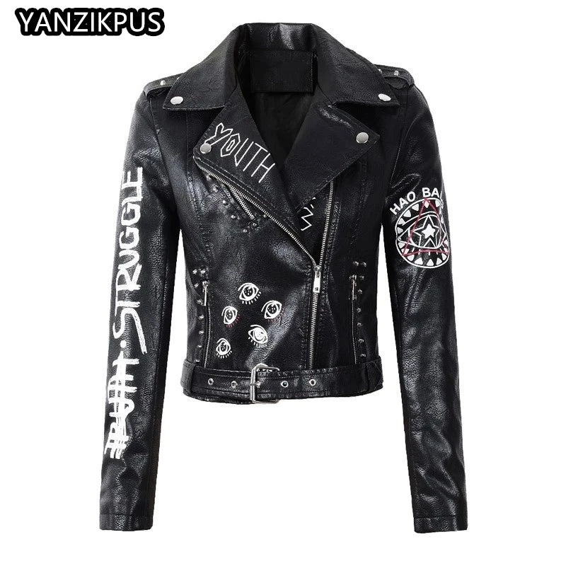 Women's PU Rivet Zipper Jacket, Shoulder Badge, Motorcycle Punk Rock Leather Coat, High Quality, Autumn Purchase