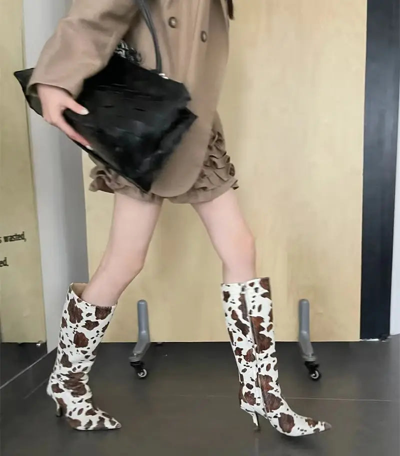 ZAROY Stiletto Heel Knee High Boots Brand Designer Brown Cow Print Pointed Toe Zipper Runway Banquet Dress High Botas сапоги