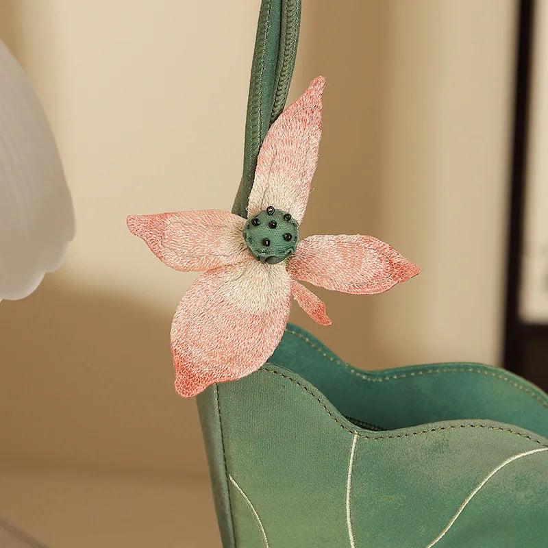 Elegant Chinese Style Lotus Leaf Floral Embroidery Shoulder Bag for Women Designer Handbag Fashionable Female Bag New Collection