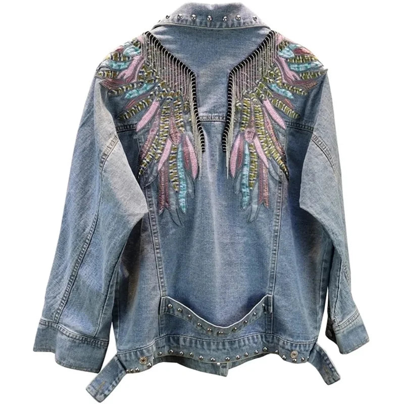 2026 New AutumnFashion Rivet Woman Denim Jacket Long Sleeve Female Jackets Jeans Coat Beading Tassel Denim Coat Outerwear