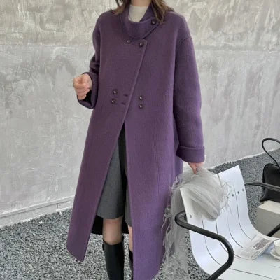 Ladies' 100% wool coat, high-end slimming stand up collar, double breasted loose long woolen coat, autumn and winter bestseller