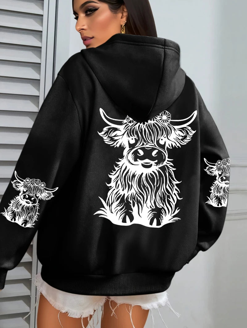 Cute Hair Cow Cartoon Printing Hoodies Womens Fleece Autumn Streetwear Comfortable Casual Hoodie Y2K Pocket All-Match Hoody