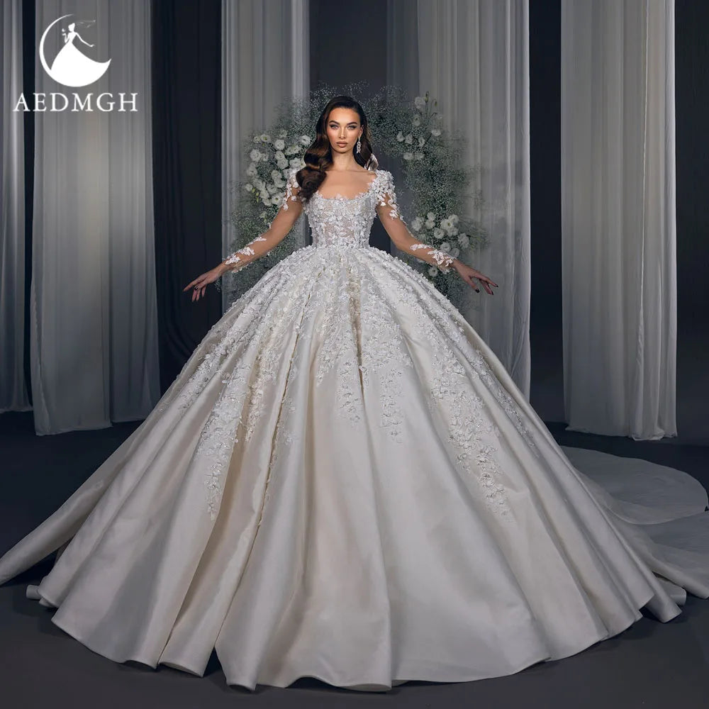 Aedmgh Ball Gown Royal Wedding Dresses For Women Scalloped Vestido De Novia Lace Appliques Matte Satin Custom Made Bridal Gowns