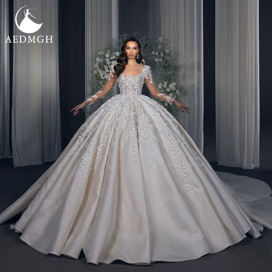Aedmgh Ball Gown Royal Wedding Dresses For Women Scalloped Vestido De Novia Lace Appliques Matte Satin Custom Made Bridal Gowns