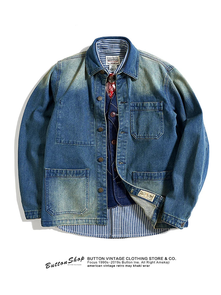 American Retro Thickened Heavyweight Men's Denim Jacket Casual Autumn Winter Workwear Outerwear Standard Fit Multi-Pocket Washed