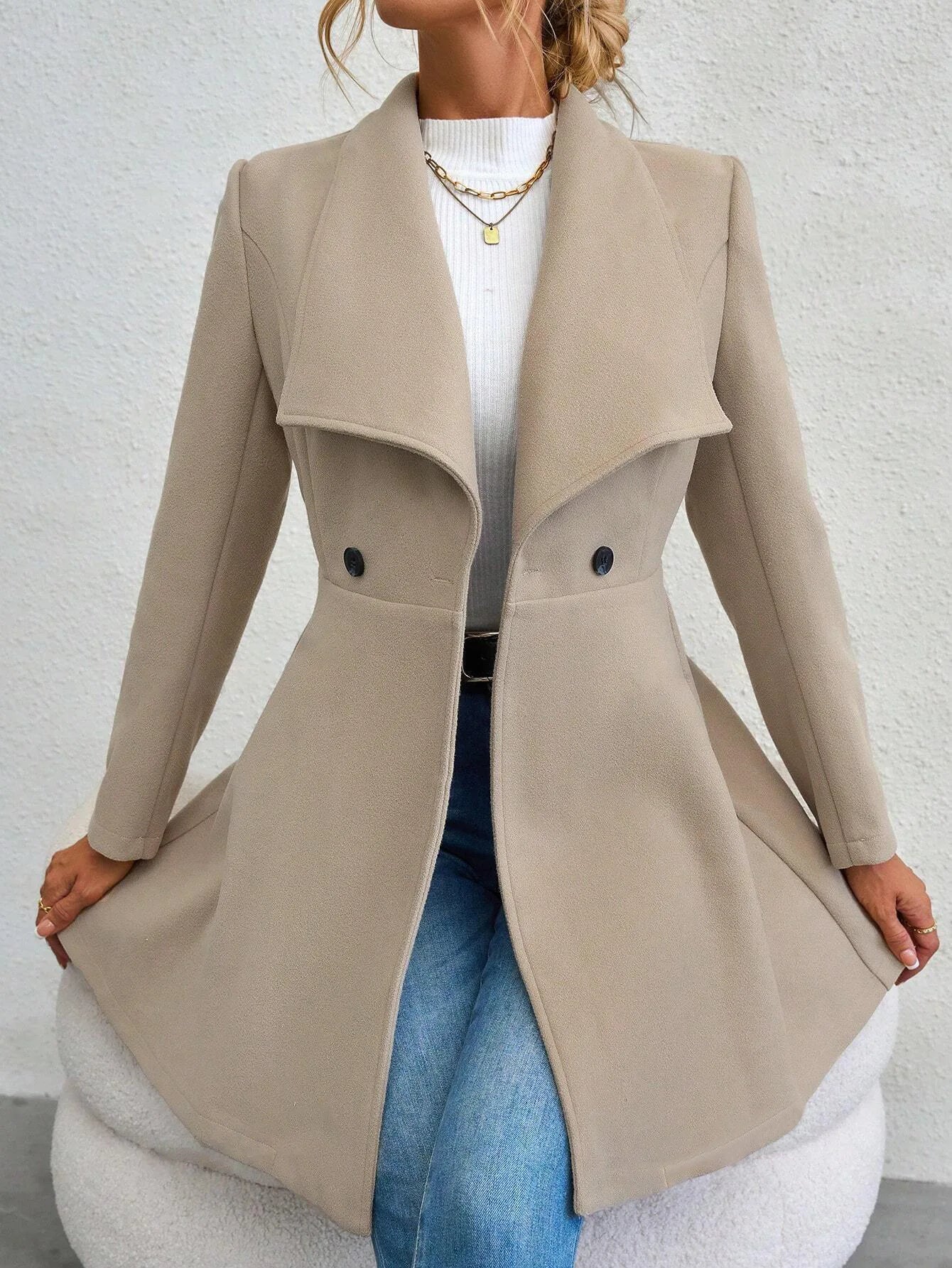 Autumn Winter Women Coat Fashion Solid Color Lapel Collar Single-breasted Slim Fit Female Woolen Coat Mid Length Lady Overcoat