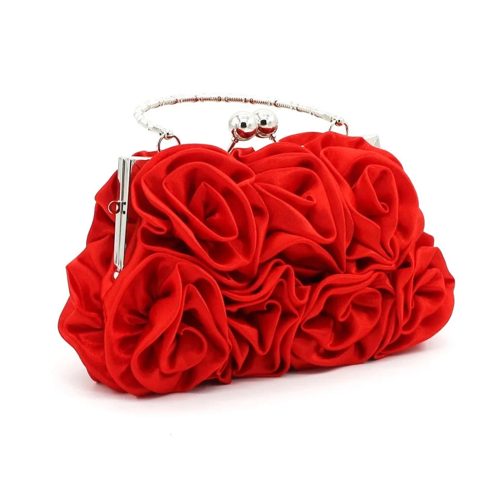 Satin Flower Clutch Bags For Women Banquet Party Evening Bags Metal Handbags Retro Blue Silver Black Chain Shoulder Bag female
