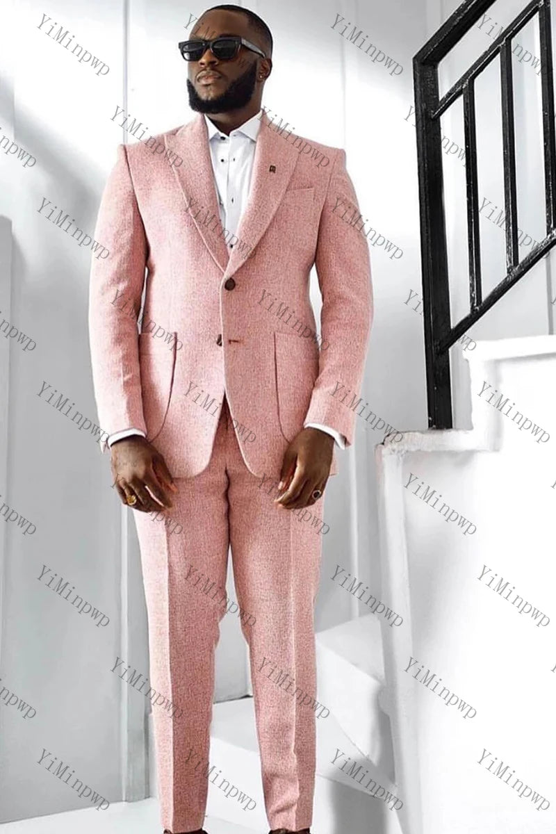 YiMinpwp Pink Textured Men's 2 Piece Single Button Suit Slim Fit for Wedding Herringbone Tailored Gala Dinner & Prom XS-5XL