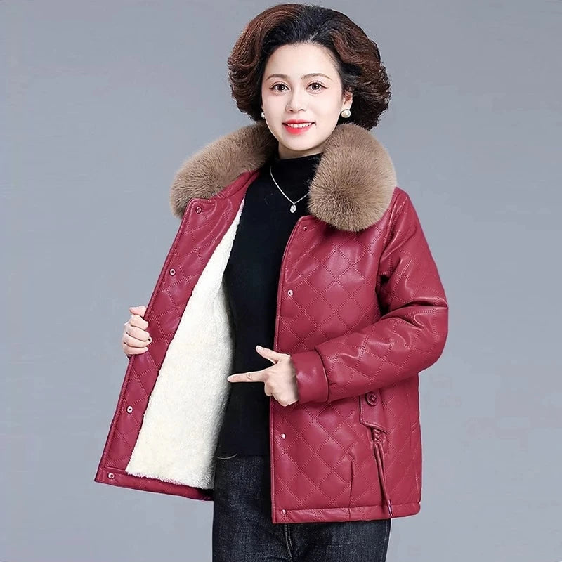High End Middle Aged Women's Leather Jacket Winter New Thicken Warm Big Fur Collar Faux PU Leather Coat Female Outerwear 5XL