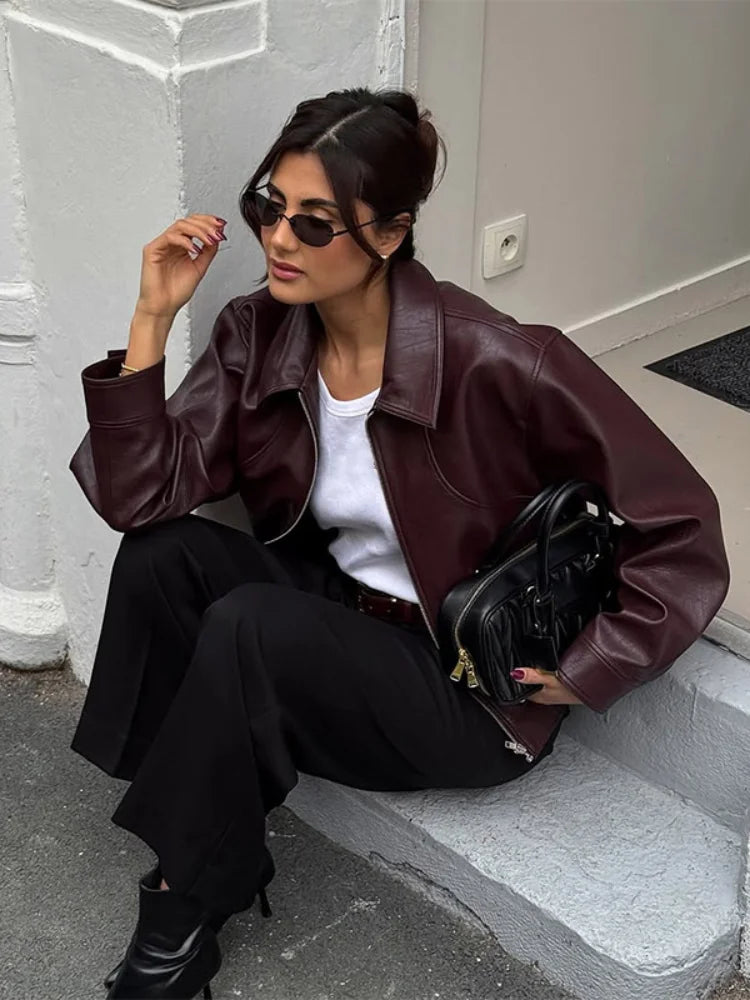 Women Chic Brown Leather Jacket With Belt Chic Full Sleeve Laple Zipper Short Coats 2026 Autumn New Ladies Street Biker Jackets