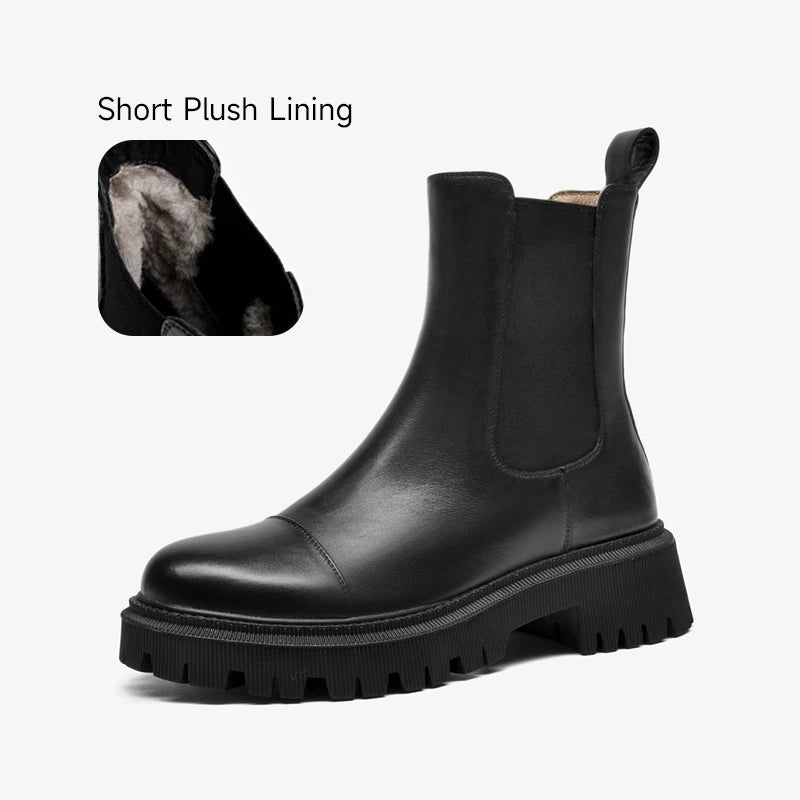 BeauToday Chelsea Women's Genuine Leather Boots Platform Round Toe Elastic Band Thick Sole Ladies Shoes Handmade 02379S