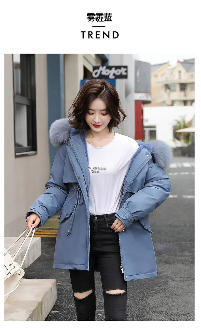 Winter Coat Low Price On Sale Women Beige Add Wool Thick Warmth Fur Hooded Parkas Jacket 2026 New Fashion Belt Slim Cotton Coat