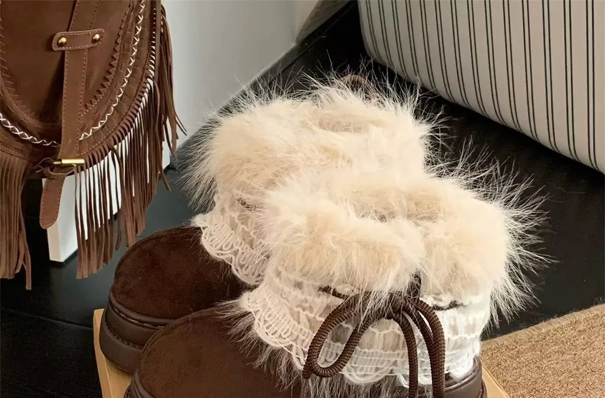 Korean Style Lace Snow Boots 2025 Winter Plush Warm Short Boots Girls Sweet Thick Bottom Casual Boots Students Cotton Shoes