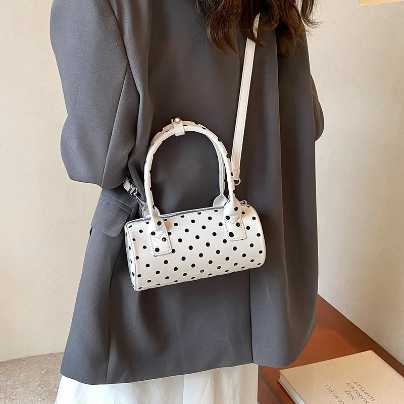 Crossbody Bag for Women Barrel Shape Mini Top Handle Purse PU Leather Polka Dot Cute Handbag Adjustable Strap Daily Use
