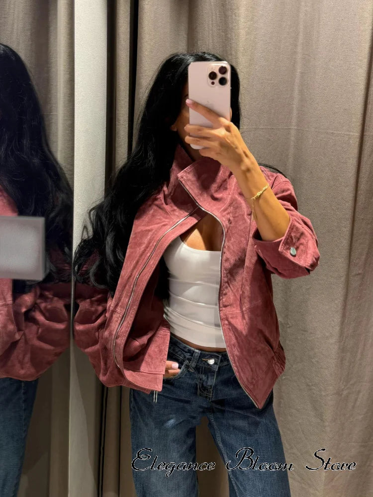 Women Stand Collar Leather Pilot Jacket Red Zipper Cropped Coat Fashion Casual Fashion Outerwear 2026 New Arrival Streetwear