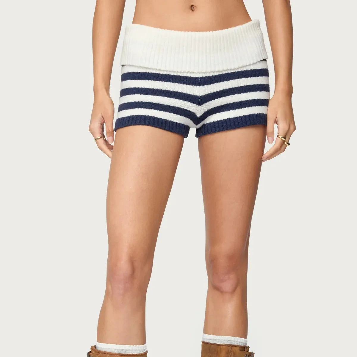 Women Striped Knit Micro Shorts Summer Fold Over Elastic Waist Slim Fit Mini Bottom Y2k Lounge Sweater Shorts Holiday Beachwear