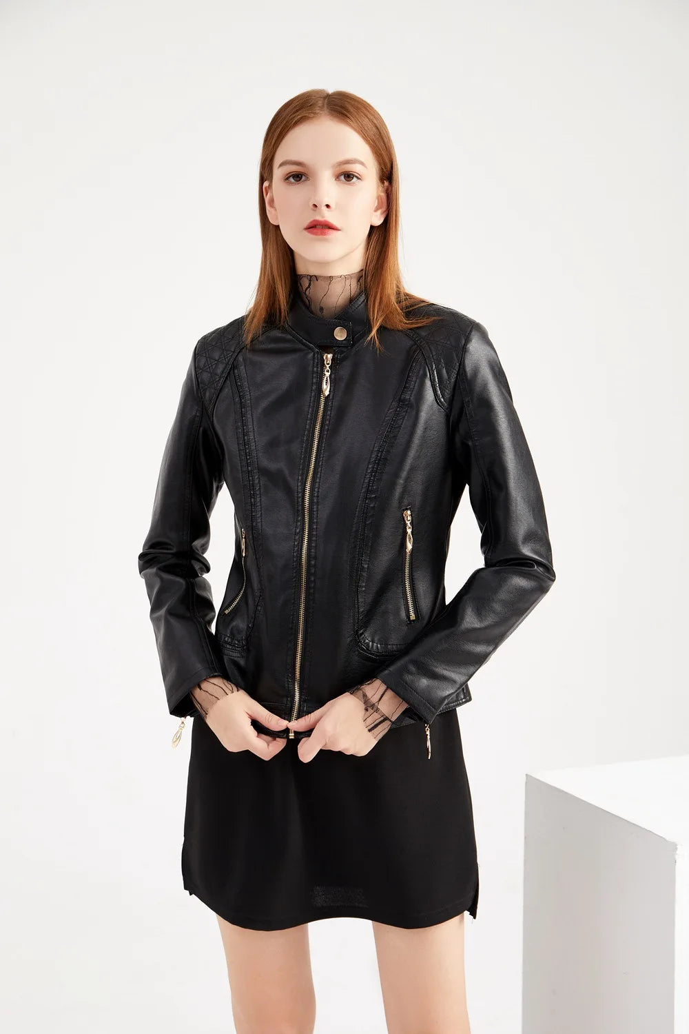 Women's Elegant Stand-up Collar Solid Jacket 2022 Female Three-dimensional Pattern Coat S-4XL New Pu Faux Leather Jacket Women