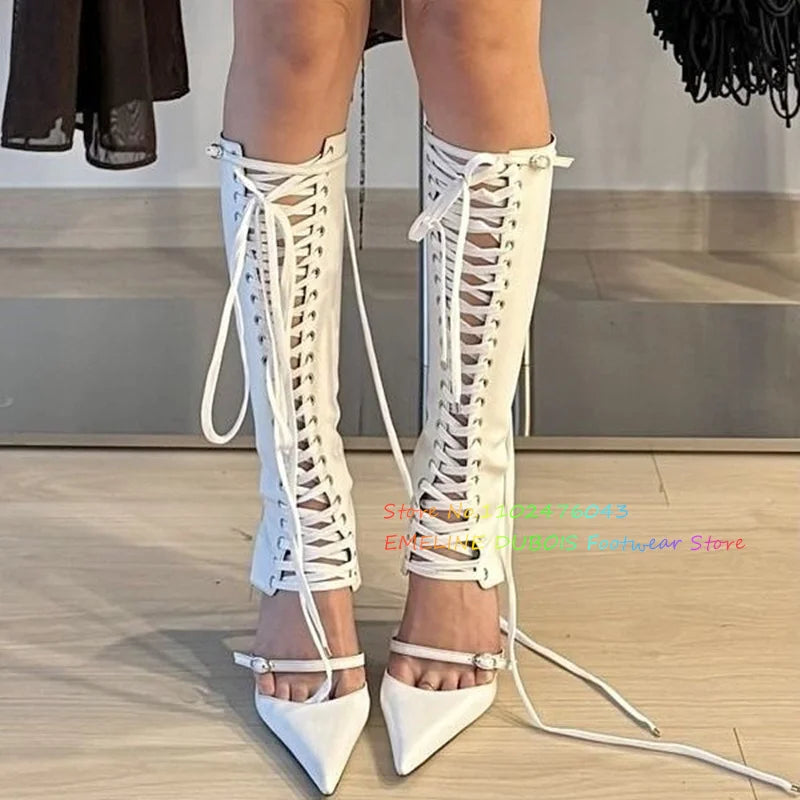 White Pointed Toe Lace Up Knee High Boot Women Summer New Sexy Hollow Buckle Strap Stiletto Heel Front Cross Tied Sandals