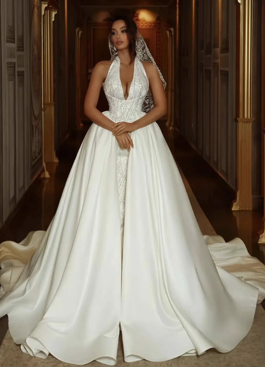 Customized Satin Formal A-Line Sexy V-neck Delicate Wedding Dress Bridal Party Luxury Sequined High Quality Bridal Gowns