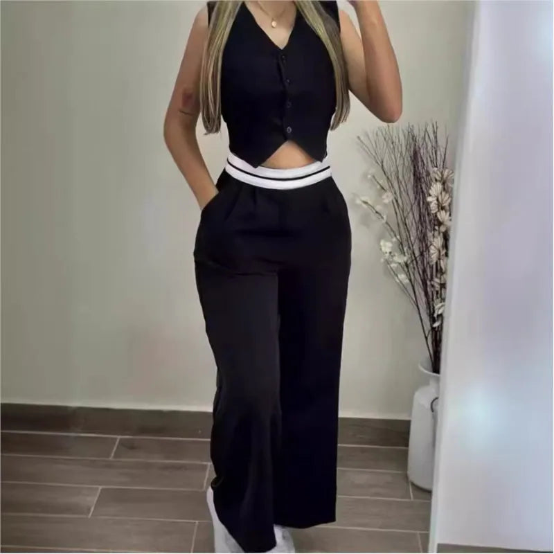 Elegant Two Piece Sets 2024 V-Neck Buttoned Vest Sleeveless Top & High Waist Pocket Straight Pant  Casual Streetwear Pants Set