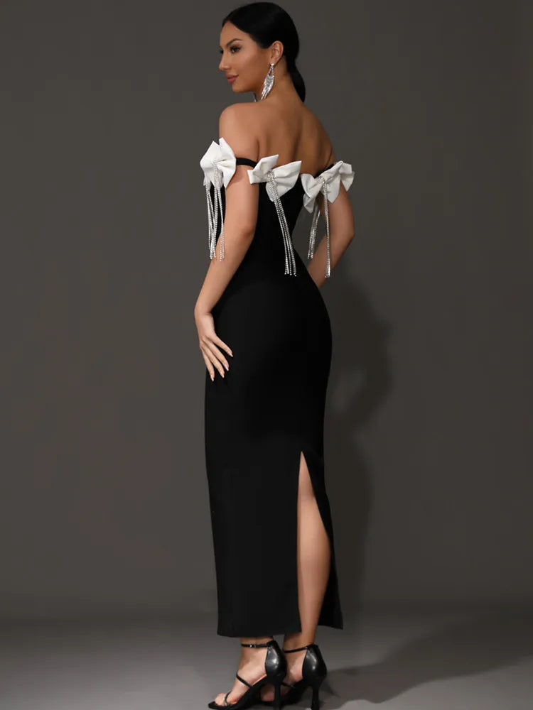 Women Celebrity Sexy Off Shoulder Bow Tie Diamonds Black Maxi Long Bandage Dress 2024 Knitted Elegant Evening Club Party Outfit