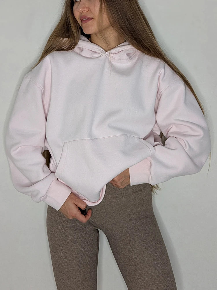 Winter Warm Hoodies Oversized For Women With Fleece Inside Yellow Thick Sweatshirts With Hooded Women Pink Hoodies Velvet Winter