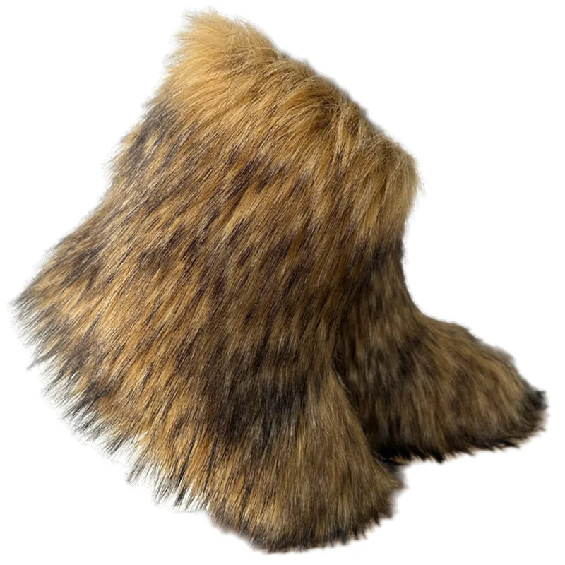 Cute High Quality Faux Raccoon Fox Fur Shibuya Gal Thickened Plus Size Mid-Calf Faux Fur Warm Winter Snow Boots for Women