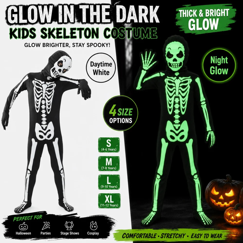 Glow-in-dark Skeleton Skull Costume Luminous Printed Skeleton Ghost Jumpsuit Full Body One-piece Suit Halloween Cosplay Outfits