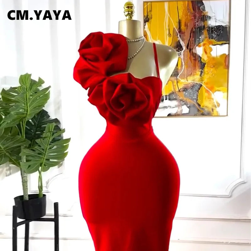 CM.YAYA Women Floral Applique Sleeveless Strap Midi Dress 2026 Summer Elegant Holiday Birthday Sexy Club Party Evening Dresses